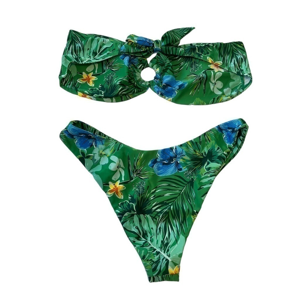 Women’s Two Piece Bright Green Floral Bikini, Size Large. - Picture 2 of 5